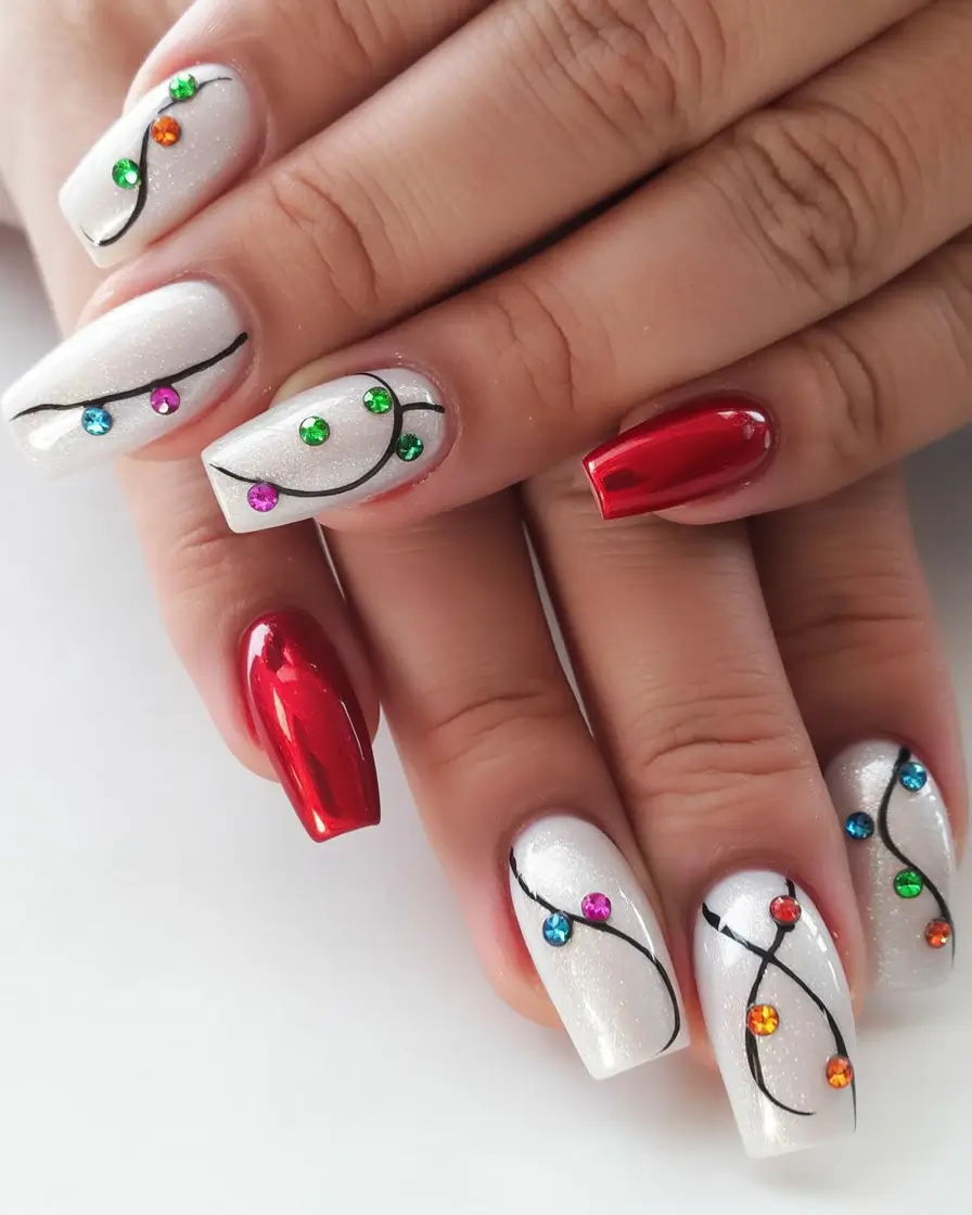 christmas nail art ideas 2025 Twinkling Lights Delight