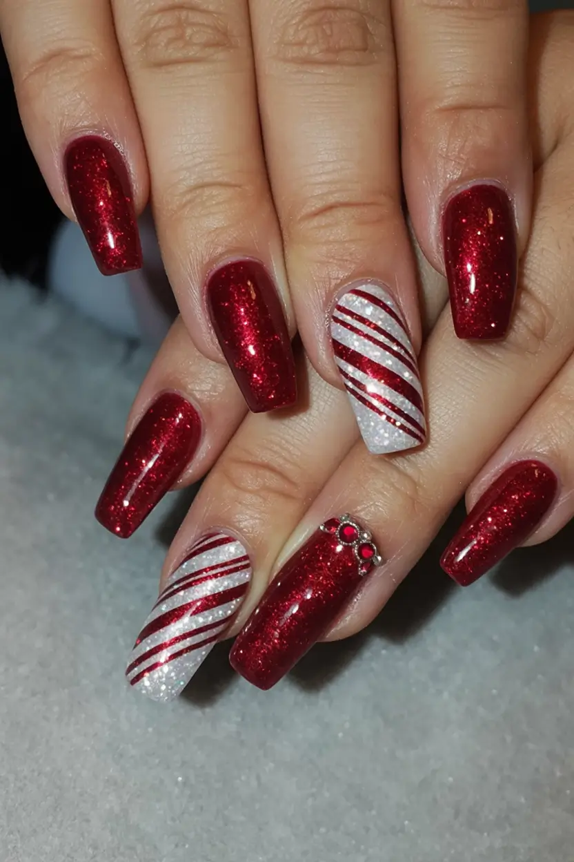 christmas nail art ideas 2025 Ruby Glitter Candy Glam