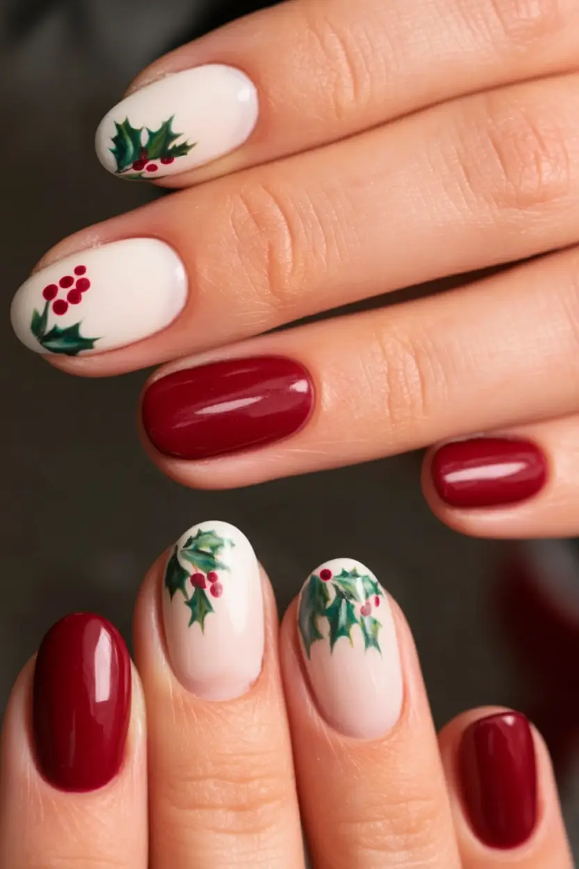christmas nail art ideas 2025 Holly Berry Harmony