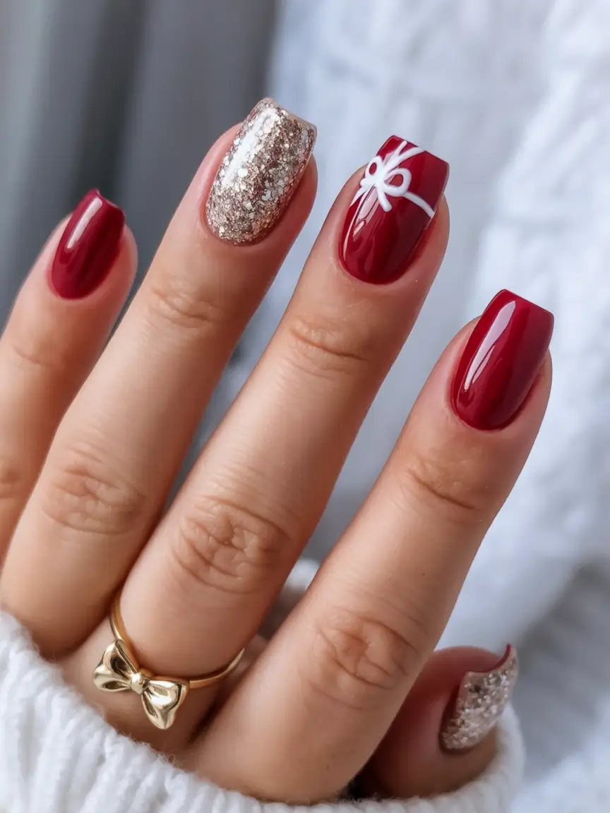 christmas nail art ideas 2025 Golden Gift Elegance