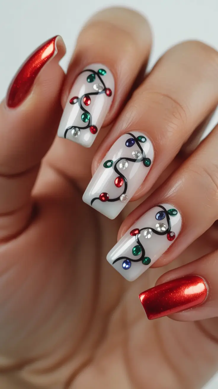 christmas nail art ideas 2025 Gleaming Light String Accents
