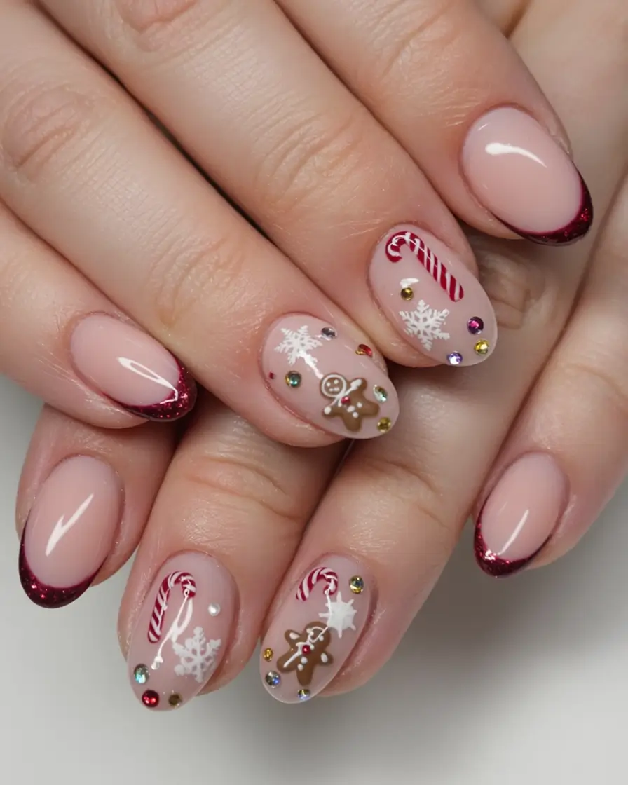 christmas nail art ideas 2025 Gingerbread & Glitter Bliss