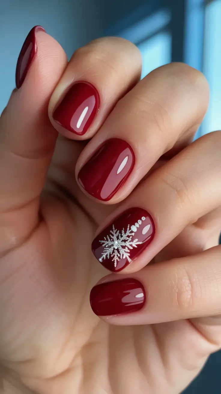 christmas nail art ideas 2025 Snowflake Minimalism in Ruby Red