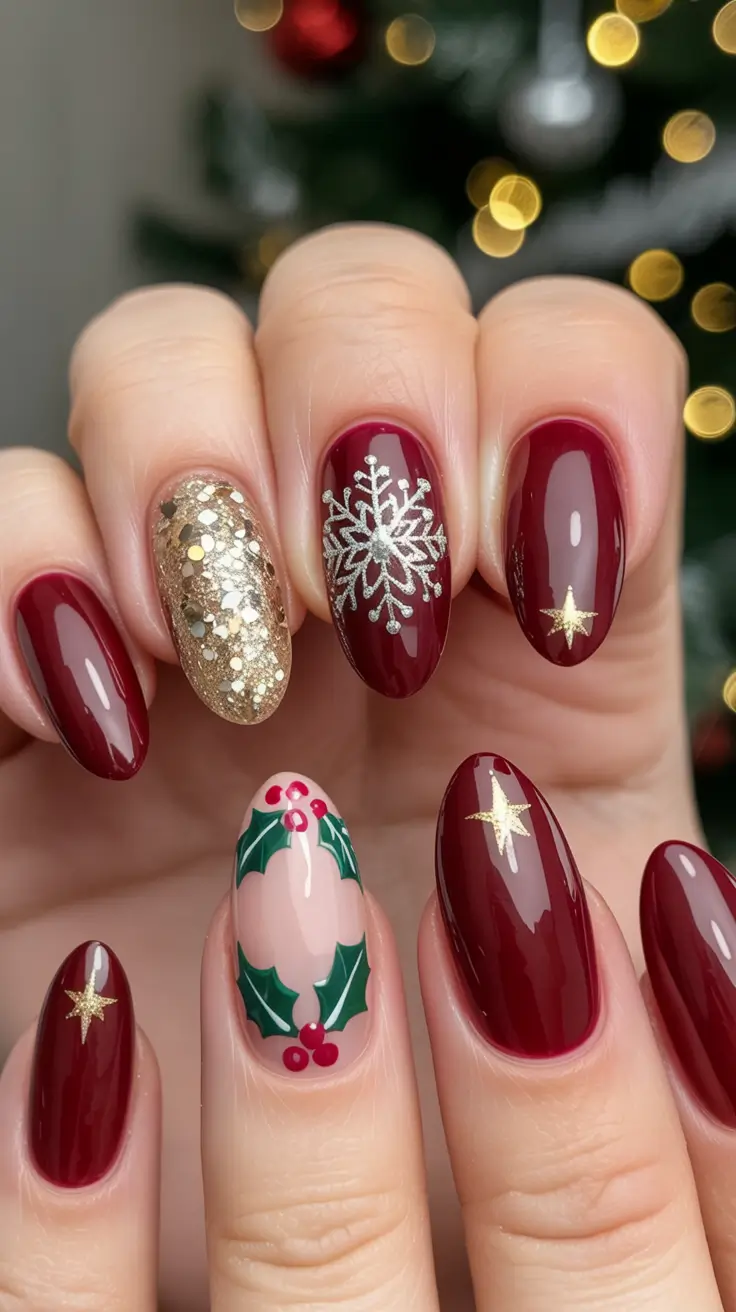 christmas nail art ideas 2025 Golden Spark & Holly Glam