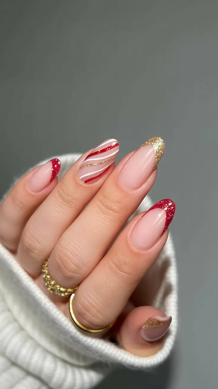 christmas nail art ideas 2025 Candy Ribbon French Twist