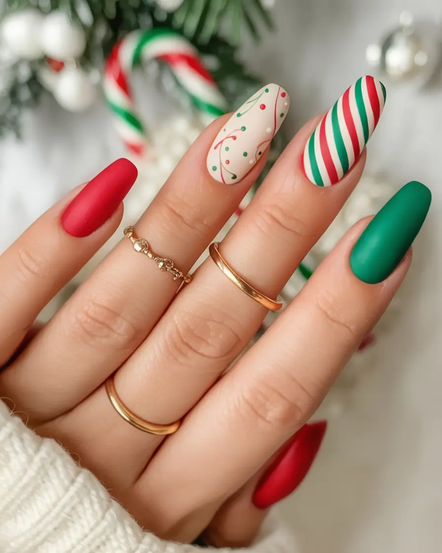 christmas nail art ideas 2025 Matte Festive Pop