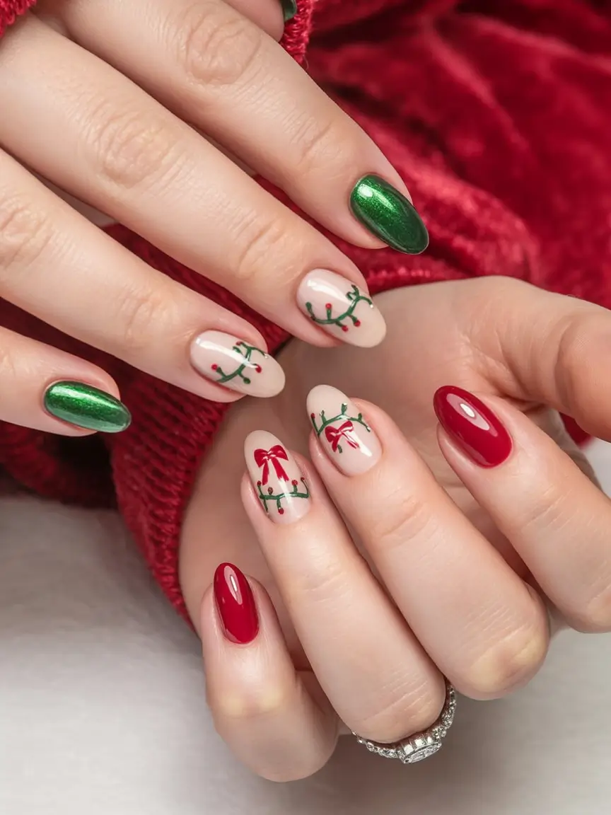 christmas-nails-acrylic-ideas-2025 Holly Berries & Shimmer Lights