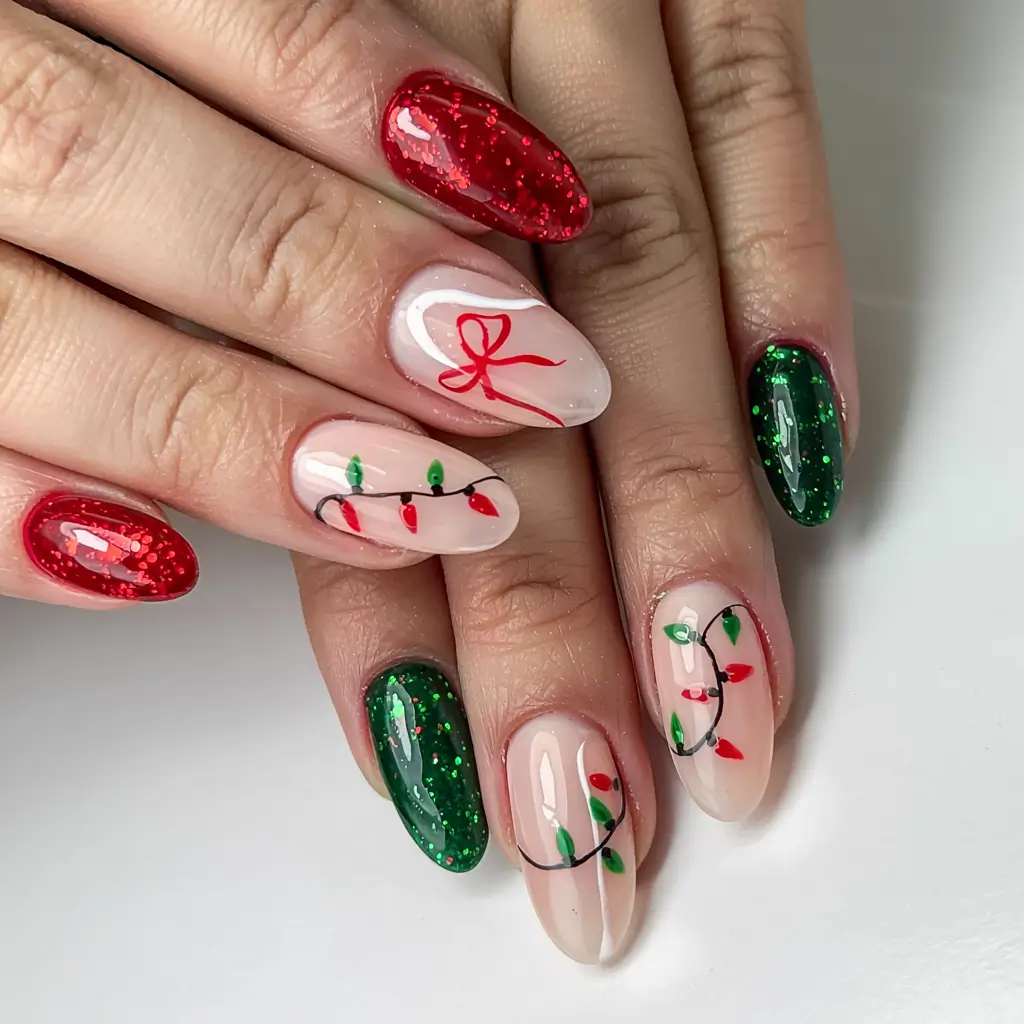 christmas-nails-acrylic-ideas-2025 Twinkle Lights & Glitter Magic