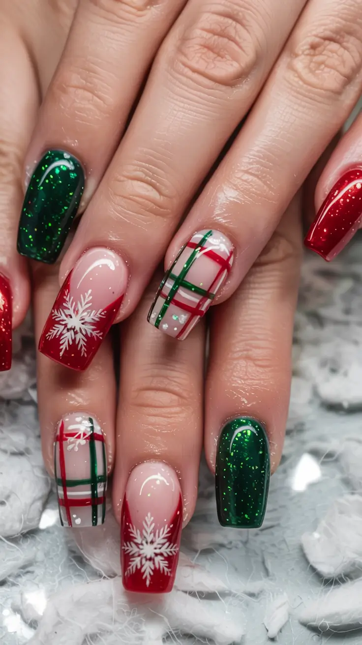 christmas-nails-acrylic-ideas-2025 Festive Plaid & Sparkling Snowflakes