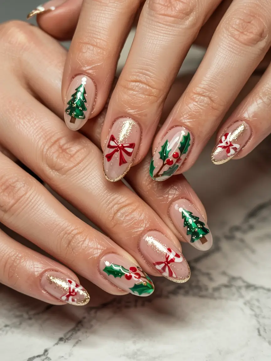 christmas-nails-acrylic-ideas-2025 Golden Glow & Christmas Charm