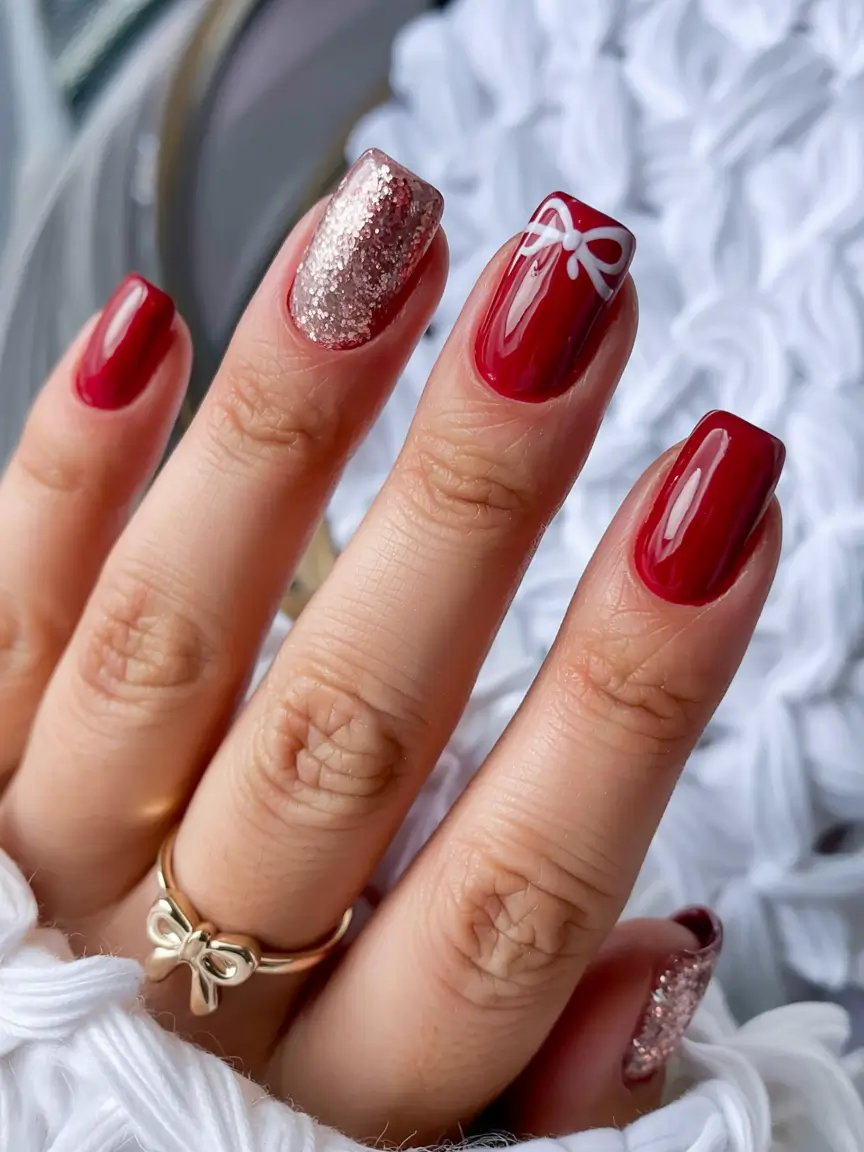 christmas-nails-acrylic-ideas-2025 Ruby Ribbons & Champagne Sparkle