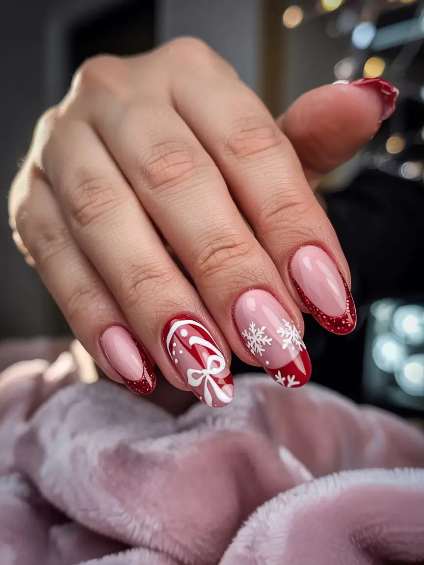 christmas-nails-acrylic-ideas-2025 Peppermint Dreams & Snowflake Whispers