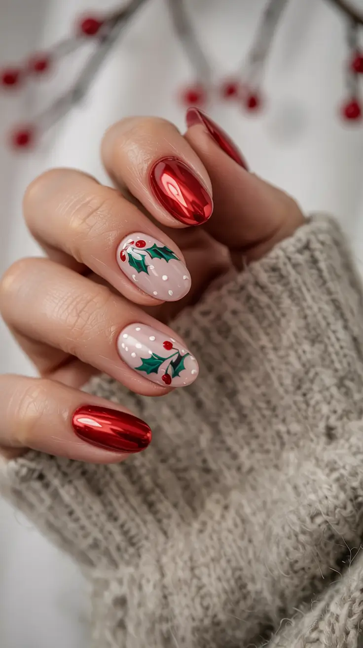 christmas-nails-acrylic-ideas-2025 Chrome Holly & Winter Berries