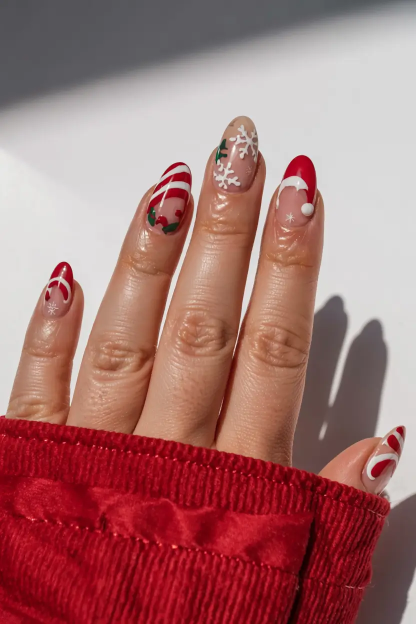 christmas-nails-acrylic-ideas-2025 Santa Chic & Snow-Kissed Tips