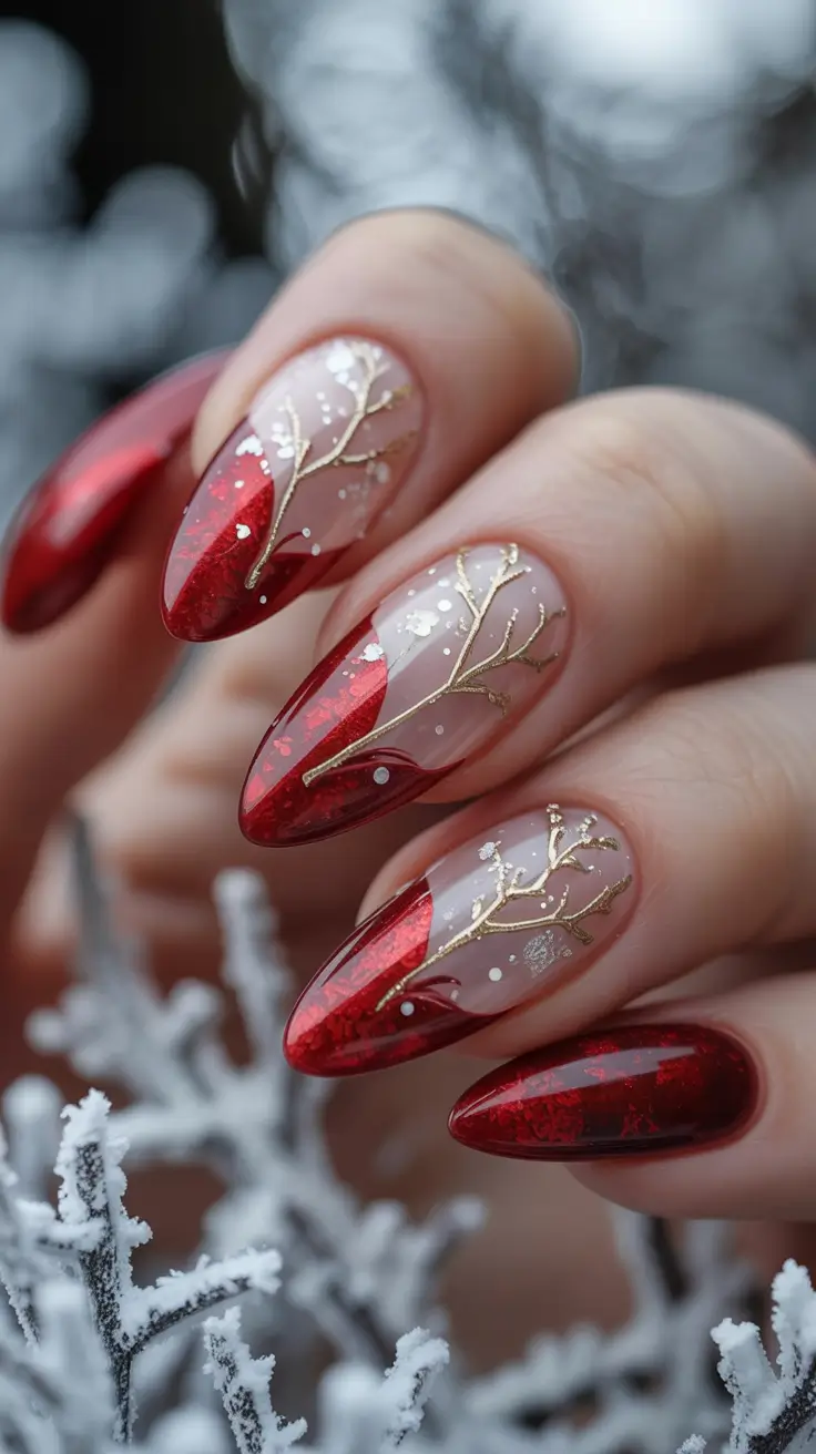 christmas-nails-acrylic-ideas-2025 Gilded Frost: Red and Gold Elegance