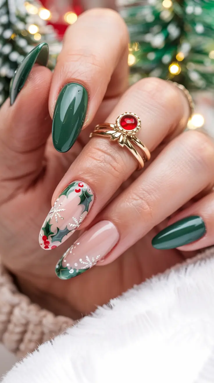 christmas-nails-acrylic-ideas-2025 Evergreen Elegance & Frosted Charm