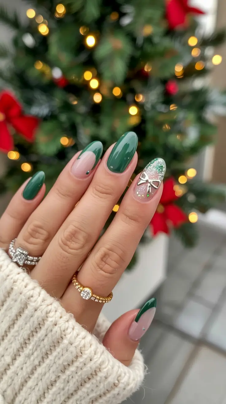 christmas-nails-acrylic-ideas-2025 Emerald Elegance & Frosted Bow