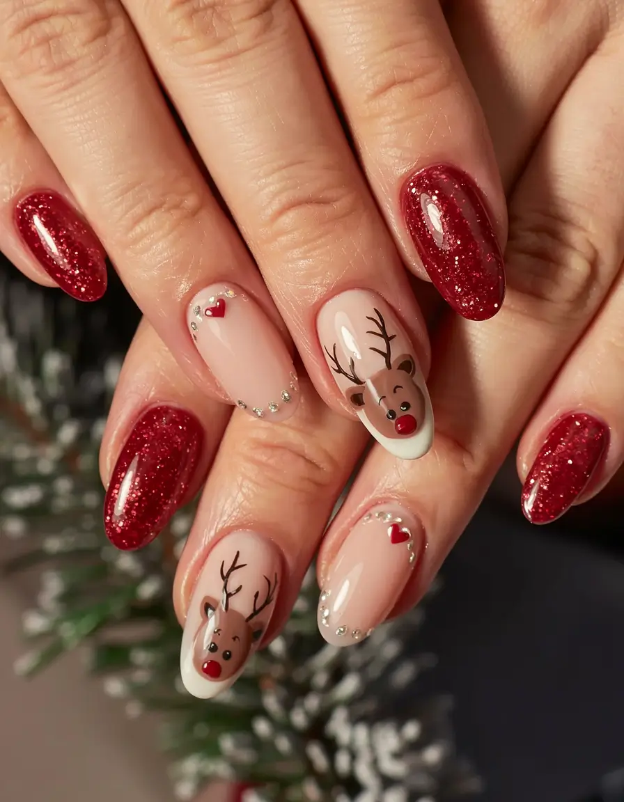 christmas-nails-acrylic-ideas-2025 Rudolph Glow & Scarlet Joy