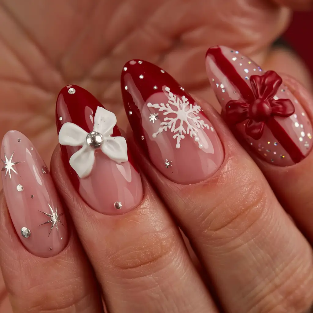 christmas-nails-acrylic-ideas-2025 Gift-Wrapped Fantasy