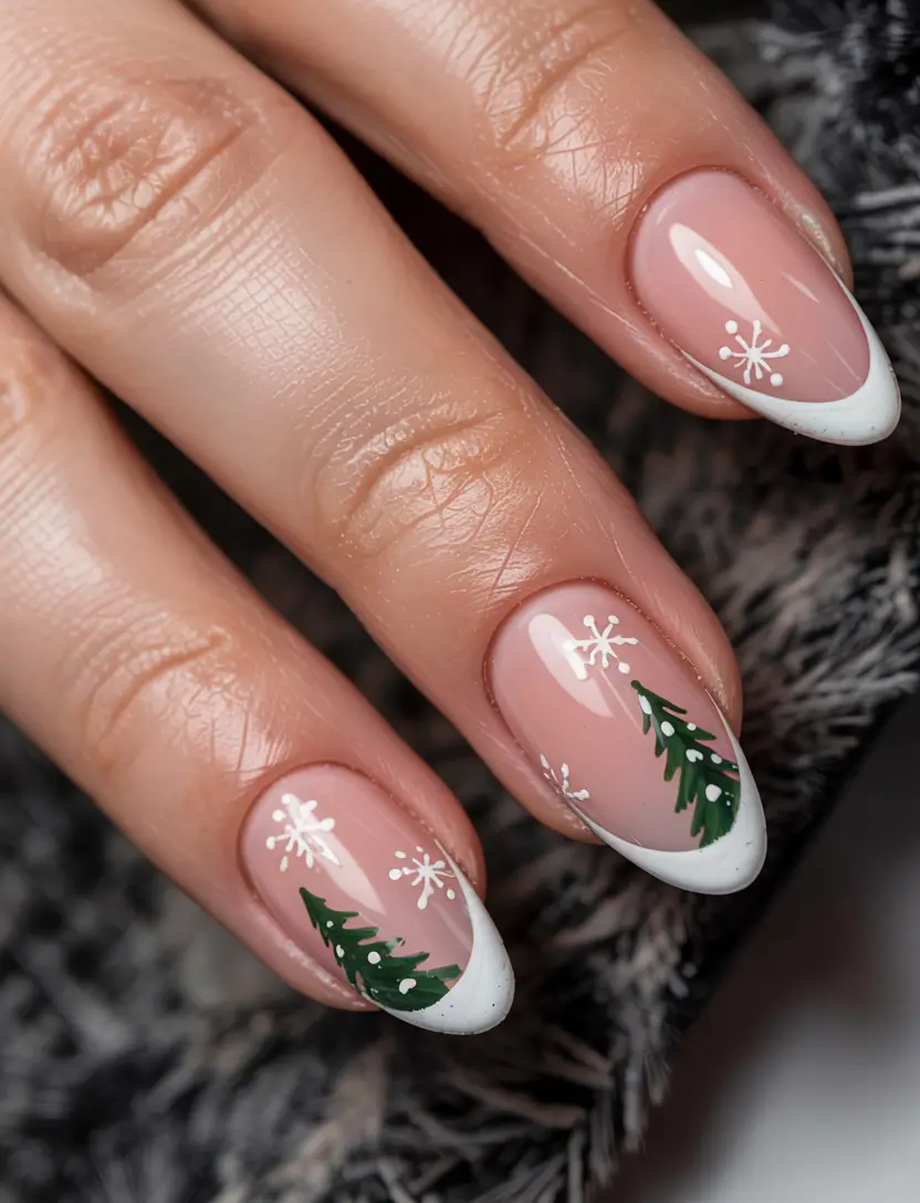 christmas-nails-acrylic-ideas-2025 Snow-Tipped Pines