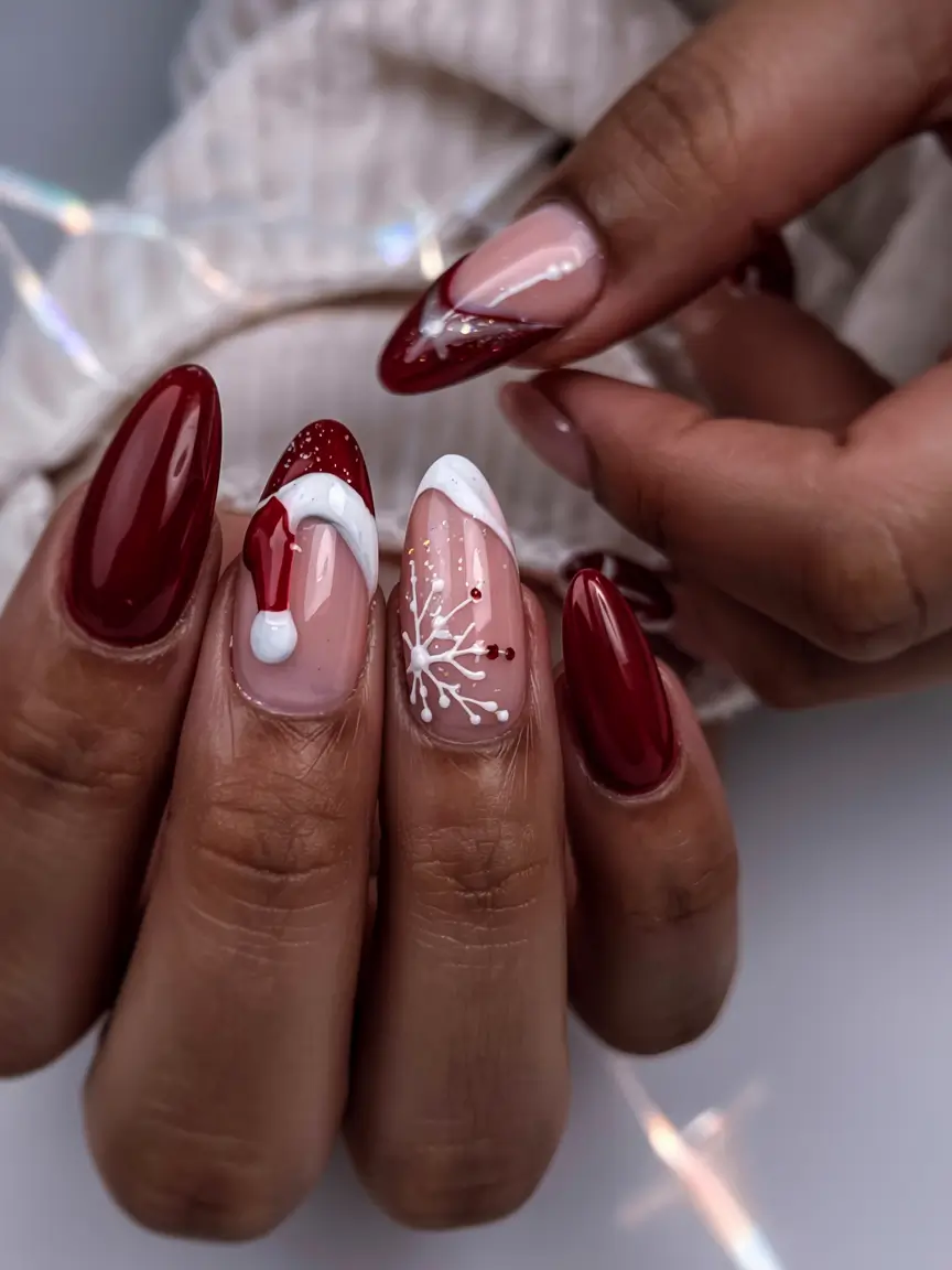 christmas-nails-acrylic-ideas-2025 Santa Sparkle & Snowflake Kiss