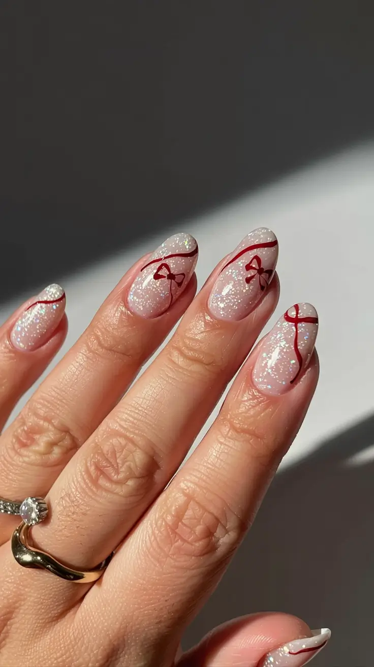 christmas-nails-acrylic-ideas-2025 Glistening Ribbons & Champagne Shimmer