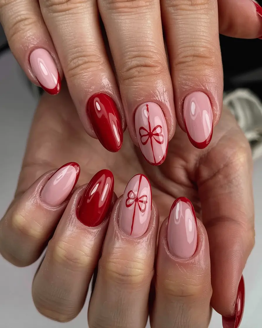 christmas-nails-acrylic-ideas-2025 Classic Red with a Twist