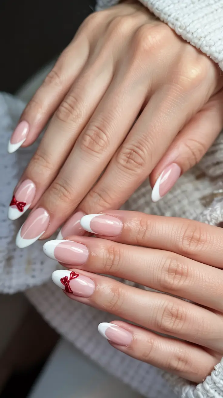 christmas-nails-acrylic-ideas-2025 French Frost & Minimal Bows