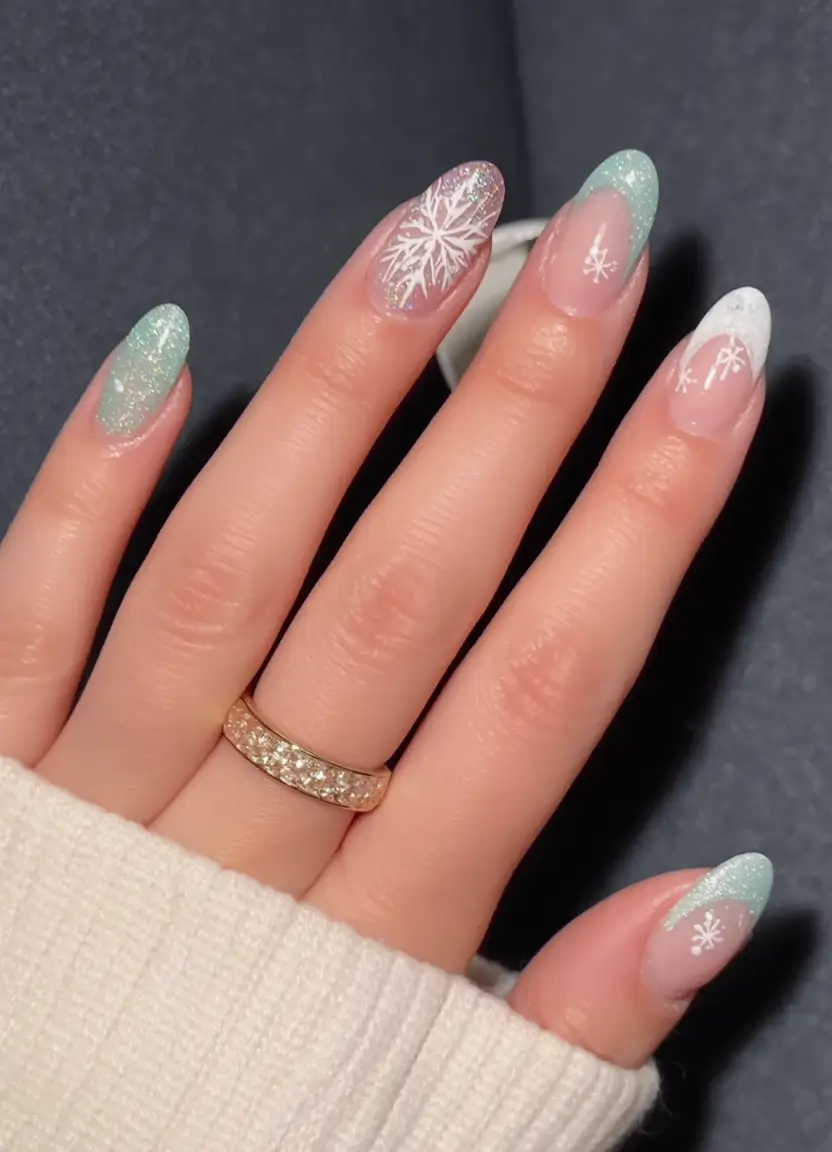 christmas-nails-acrylic-ideas-2025 Minty Snowflake Sparkle