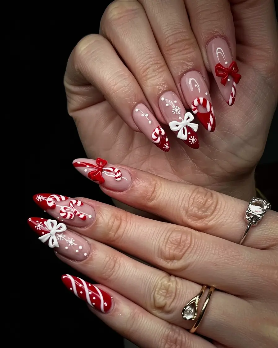 christmas-nails-acrylic-ideas-2025 Peppermint Glam & 3D Joy