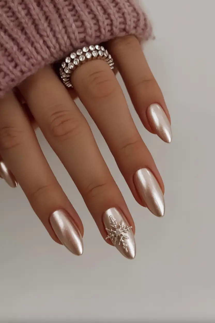 christmas-nails-acrylic-ideas-2025 Pearl Chrome and Snowflake Charm
