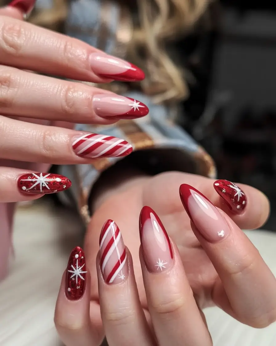 christmas-nails-acrylic-ideas-2025 Classic Red Swirl & Starlight
