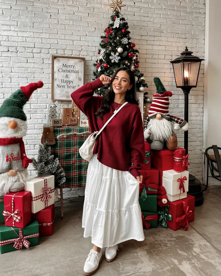 christmas outfit ideas 2025 Berry & Snow Layers