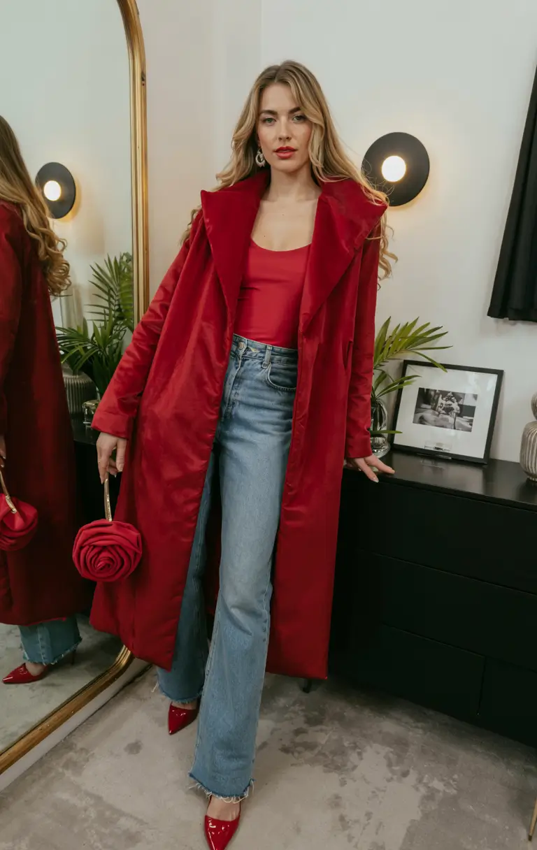 christmas outfit ideas 2025 red velvet coat