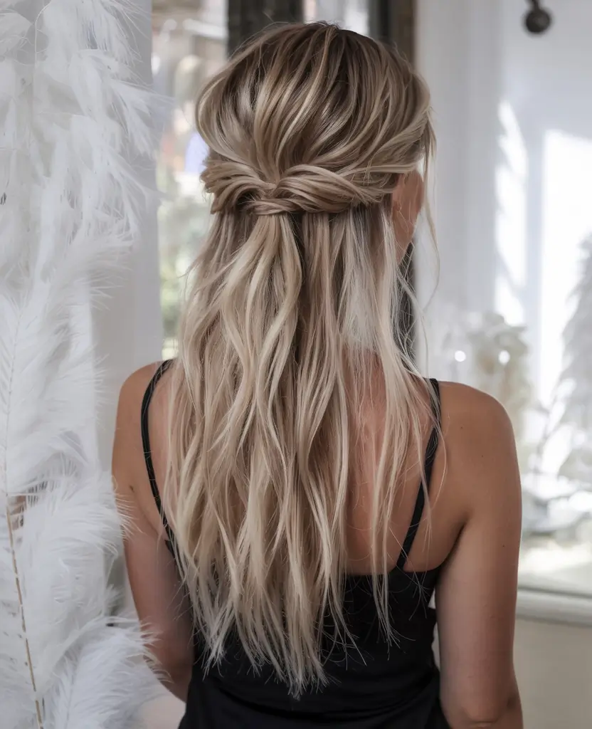 christmas party hairstyles ideas 2025 Twisted Half-Up Minimal Glam