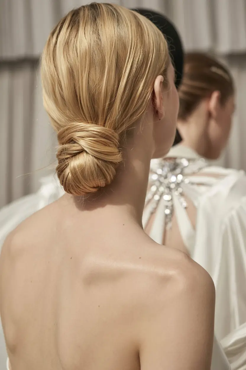 christmas party hairstyles ideas 2025 Sleek Wrapped Low Bun