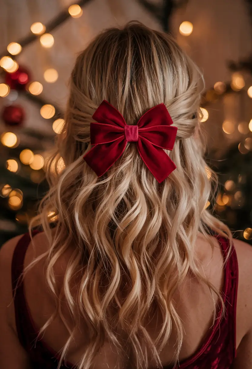christmas party hairstyles ideas 2025 Velvet Bow Holiday Waves