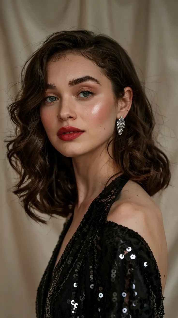 christmas party hairstyles ideas 2025 Short Glossy Curls with Classic Red Lips
