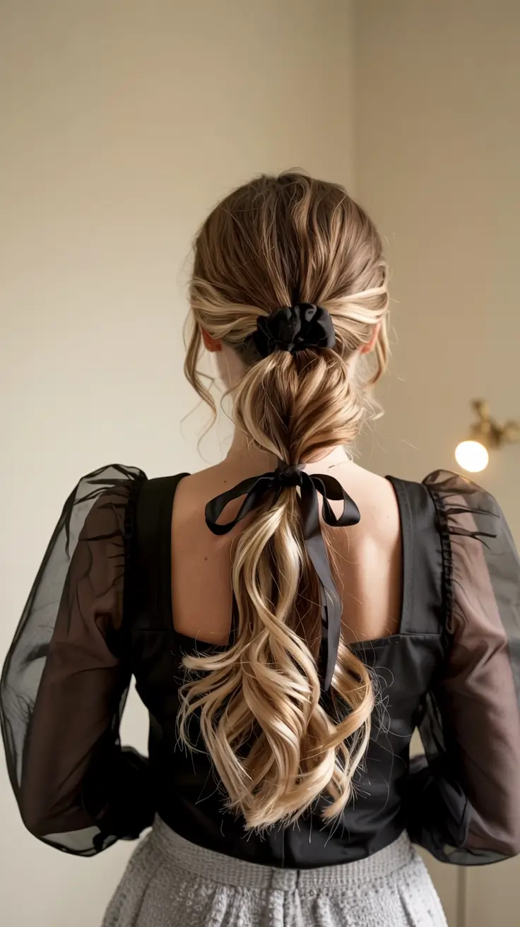 christmas party hairstyles ideas 2025 Ribboned Low Ponytail