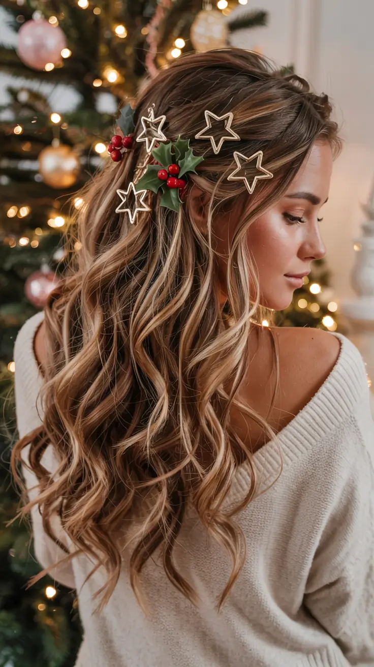 christmas party hairstyles ideas 2025 Golden Waves with Festive Star Accents