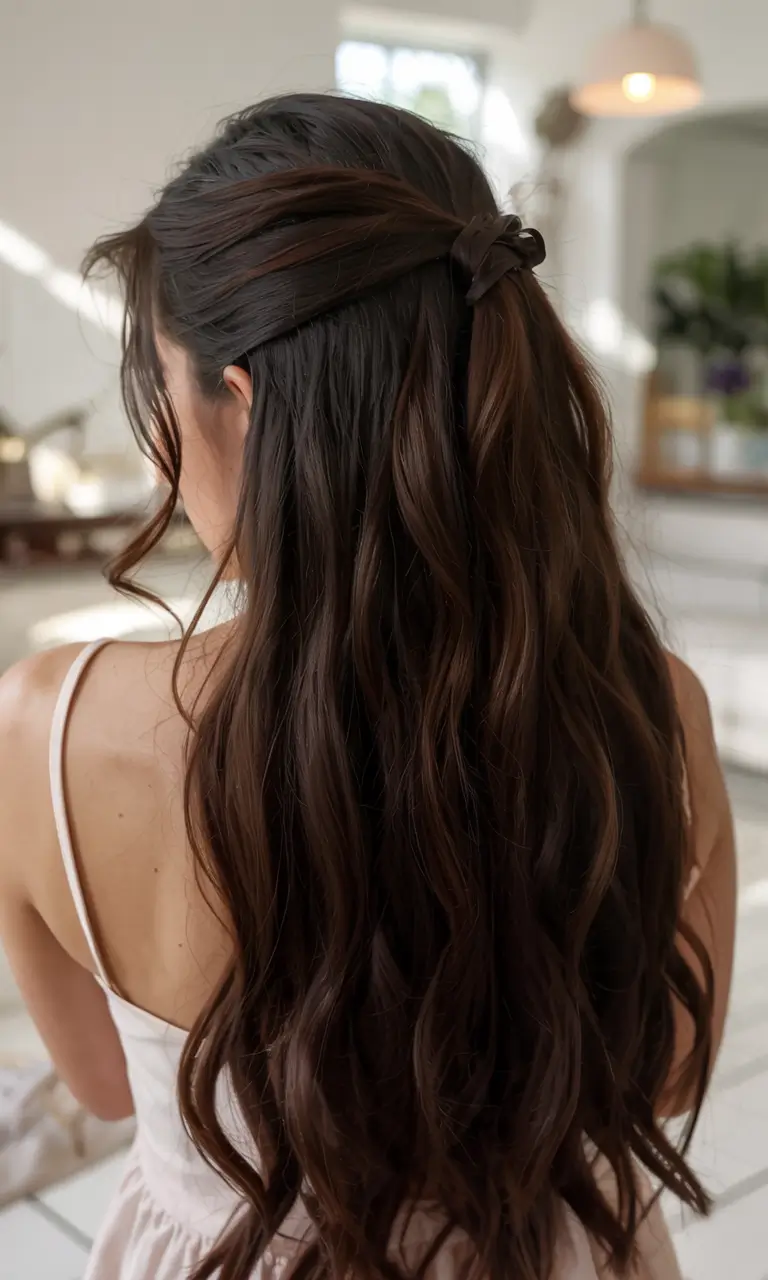 christmas party hairstyles ideas 2025 Soft Chocolate Half-Up Waves