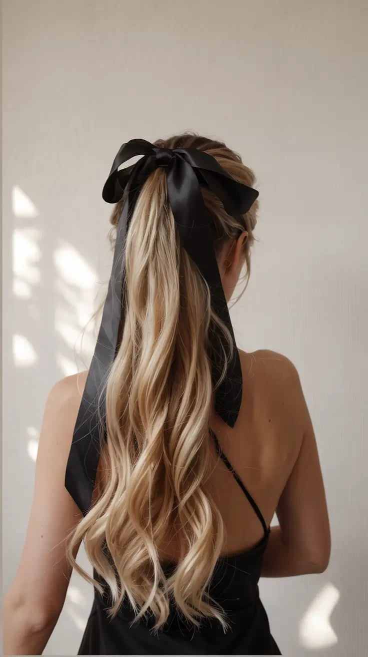 christmas party hairstyles ideas 2025 Black Satin Ribbon Ponytail