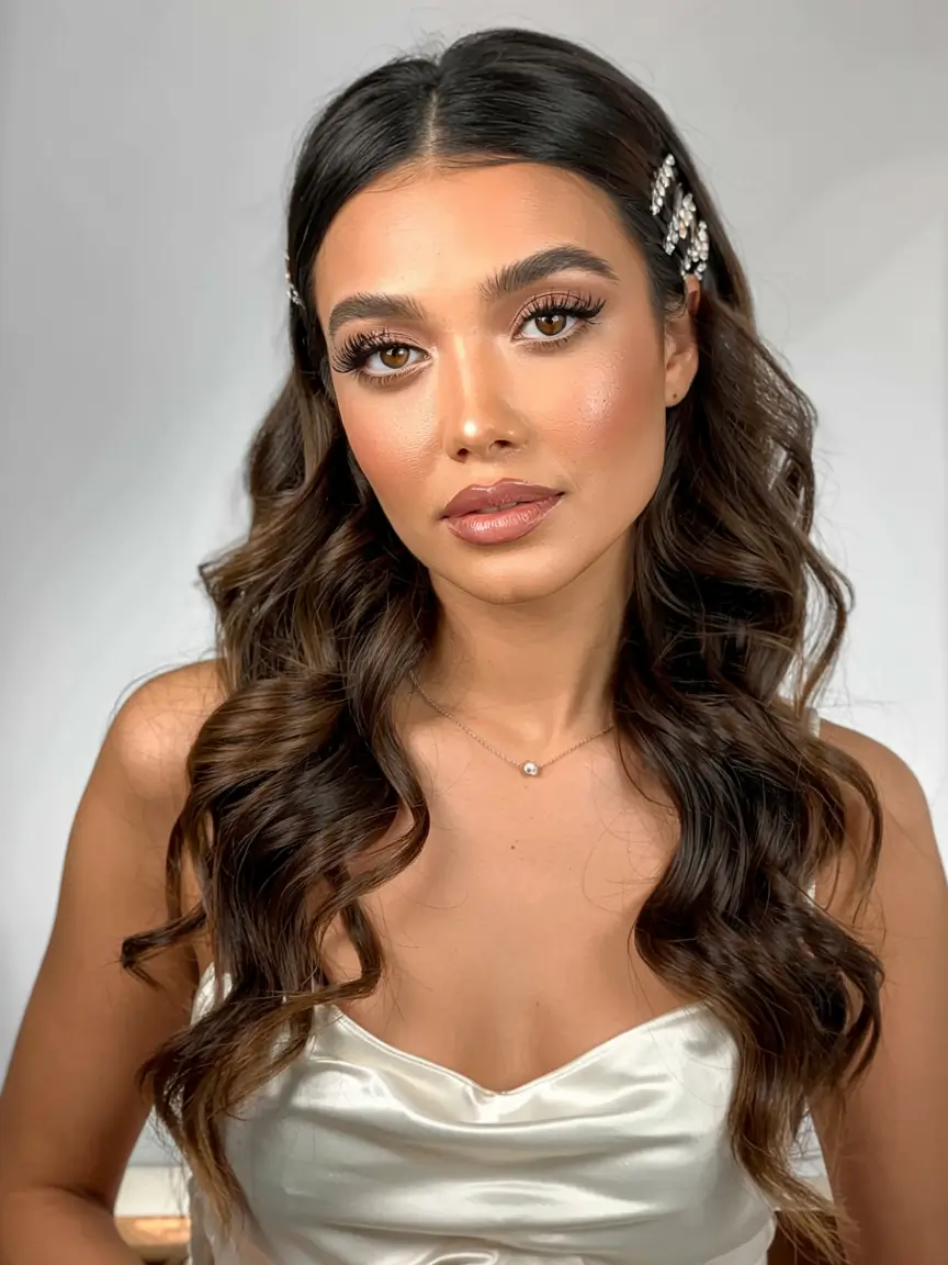 christmas party hairstyles ideas 2025 Soft Glam Waves with Crystal Pins