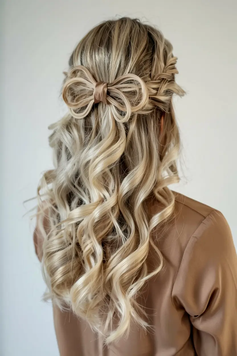 christmas party hairstyles ideas 2025 Twisted Bow Half-Up Curls