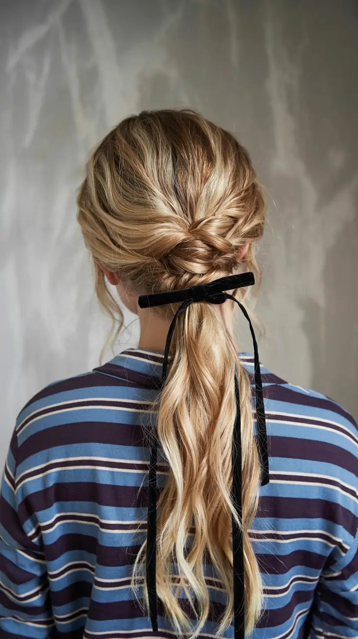 christmas party hairstyles ideas 2025 Twisted Velvet Ribbon Ponytail