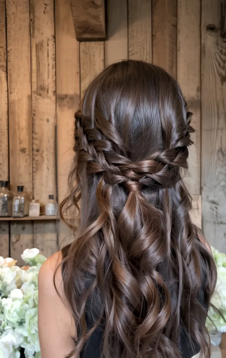 christmas party hairstyles ideas 2025 Waterfall Braid Half-Up Waves