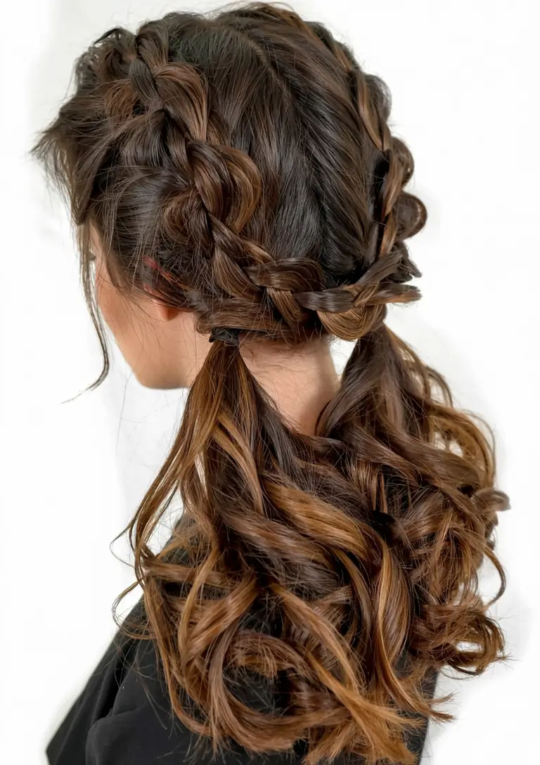 christmas party hairstyles ideas 2025 Boho Double Braid with Curls