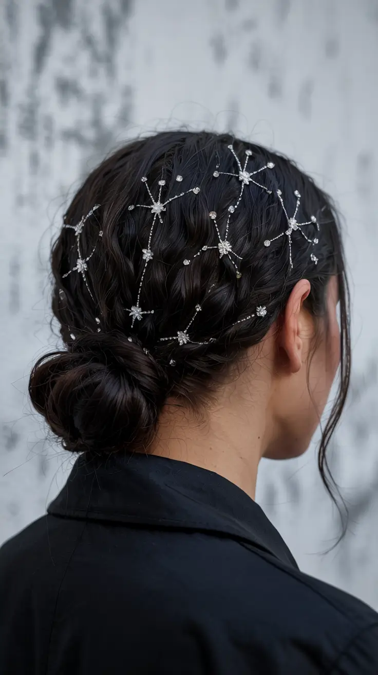 christmas party hairstyles ideas 2025 Starry Night Low Bun