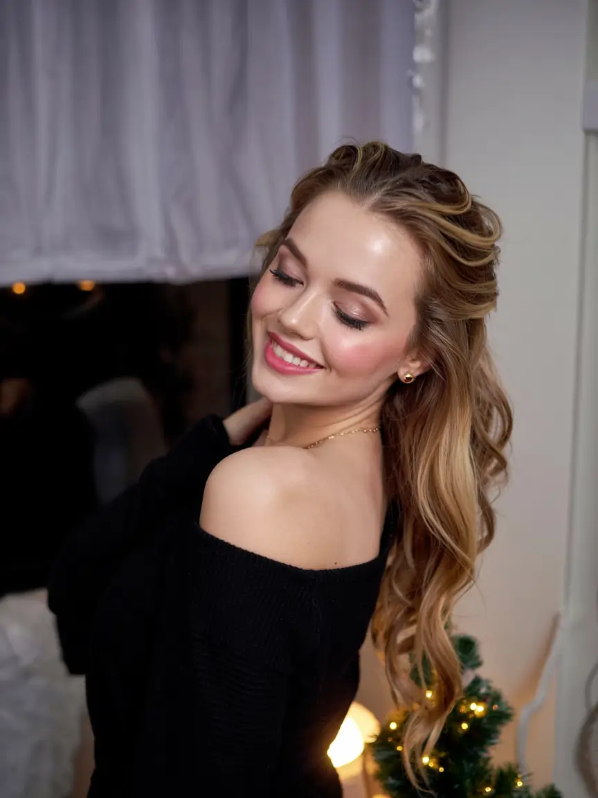 christmas party hairstyles ideas 2025 Soft Glam Waves for Cozy Evenings