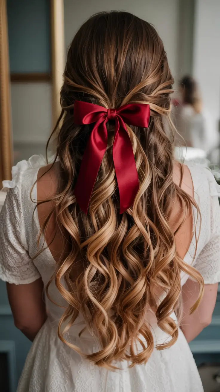 christmas party hairstyles ideas 2025 Romantic Ribbon Half-Up Style